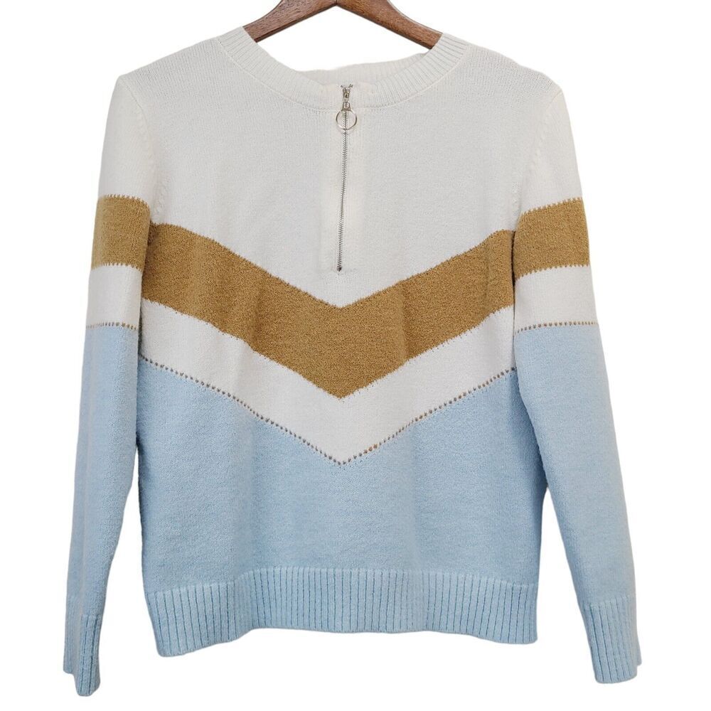 Womens Size Medium Blue Tan Cream Chevron Colorblock Half Zip Sweater